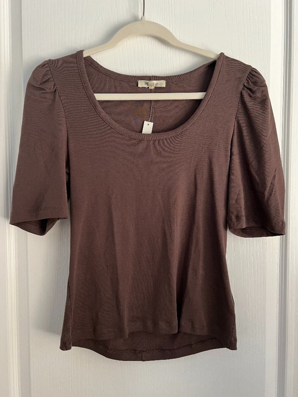 NWT Madewell Puff Sleeve Scoop Neck Top Tee in Roasted Chicory Brown Size M